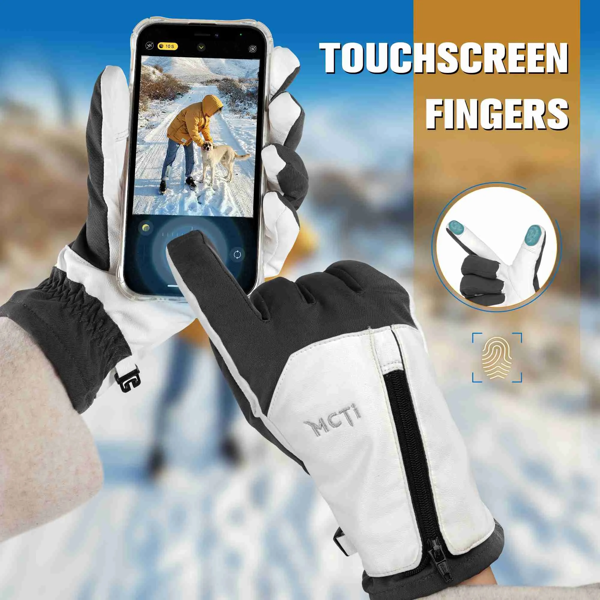 MCTi Winter Gloves Waterproof Warm for Cold Weather Touchscreen Zipper Gloves for Men Women