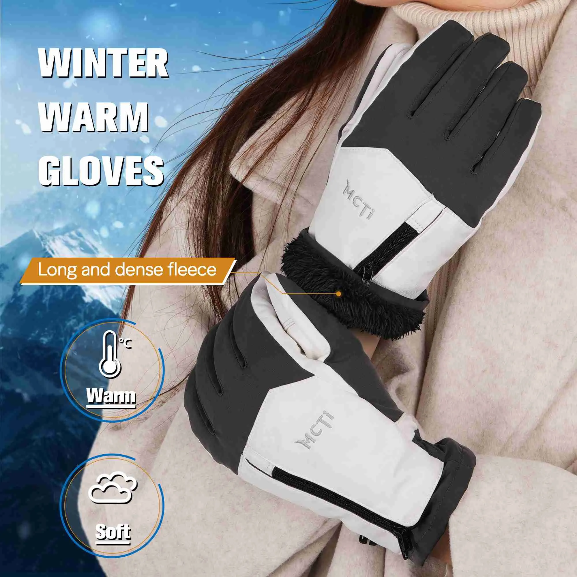 MCTi Winter Gloves Waterproof Warm for Cold Weather Touchscreen Zipper Gloves for Men Women