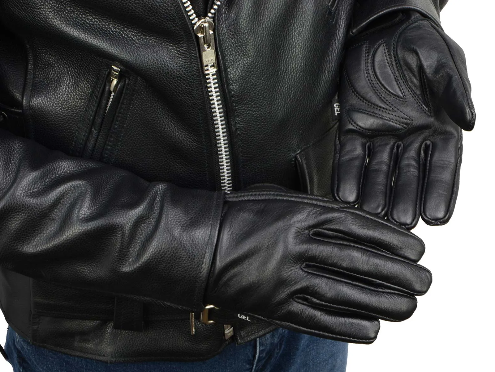 MG7510 Men's Black Leather Gel Padded Palm Short Wrist Motorcycle Hand Gloves W/ ‘Full Panel Cover’