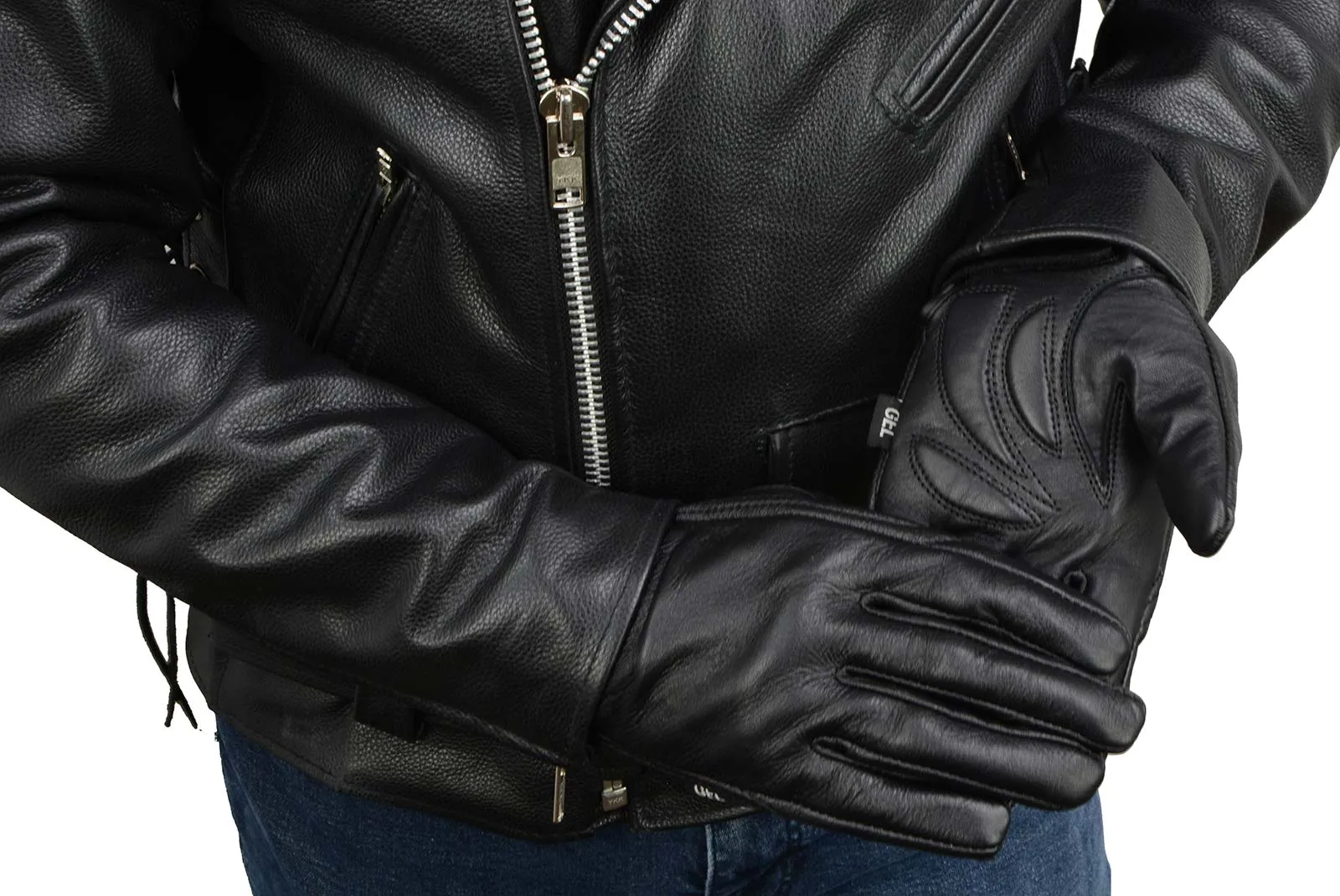 MG7510 Men's Black Leather Gel Padded Palm Short Wrist Motorcycle Hand Gloves W/ ‘Full Panel Cover’