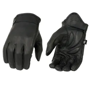 MG7510 Men's Black Leather Gel Padded Palm Short Wrist Motorcycle Hand Gloves W/ ‘Full Panel Cover’