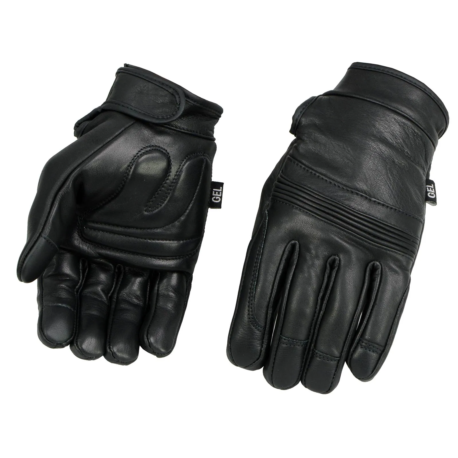 MG7535 Men's Black Leather i-Touch Screen Compatible Gel Palm Motorcycle Hand Gloves w/ Flex Knuckles