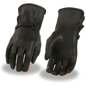 MG7725 Women's Black Leather Gauntlet Motorcycle Hand Gloves W/ ‘Wrist Strap Closure and Lightly Lined’