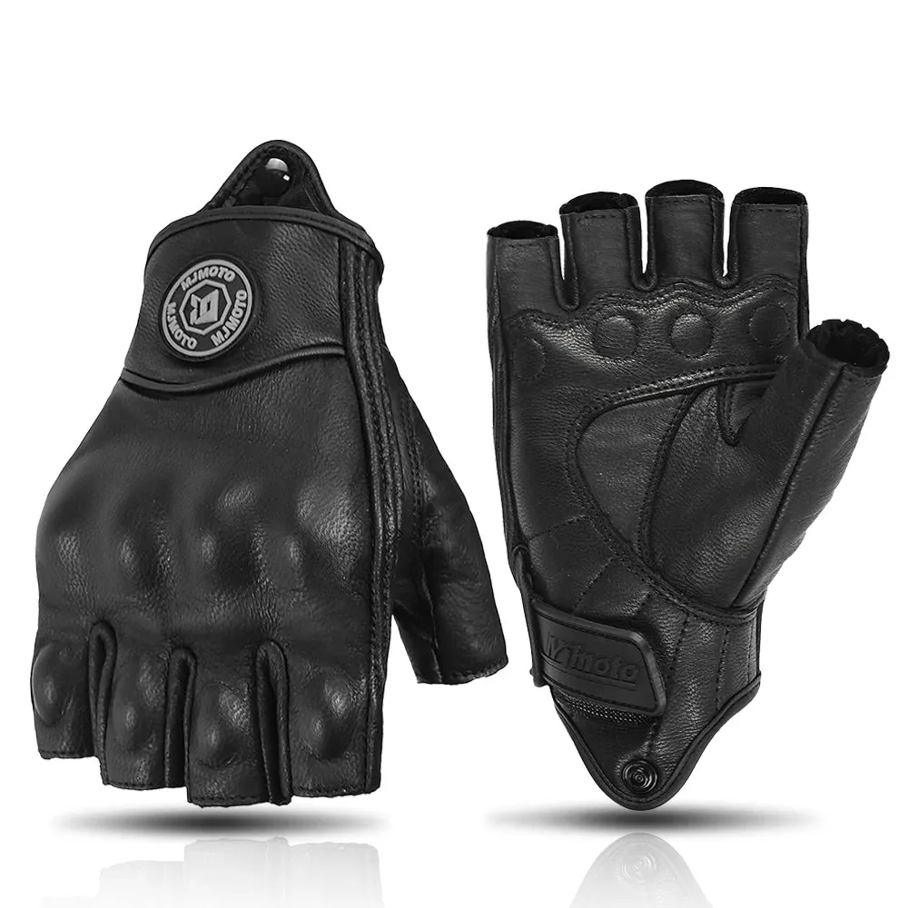 MJMOTO Retro Leather Motorcycle Half Finger Gloves