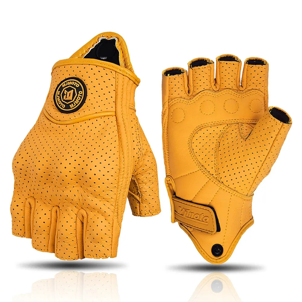 MJMOTO Retro Leather Motorcycle Half Finger Gloves
