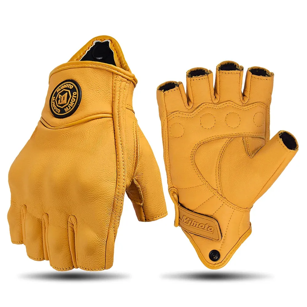 MJMOTO Retro Leather Motorcycle Half Finger Gloves