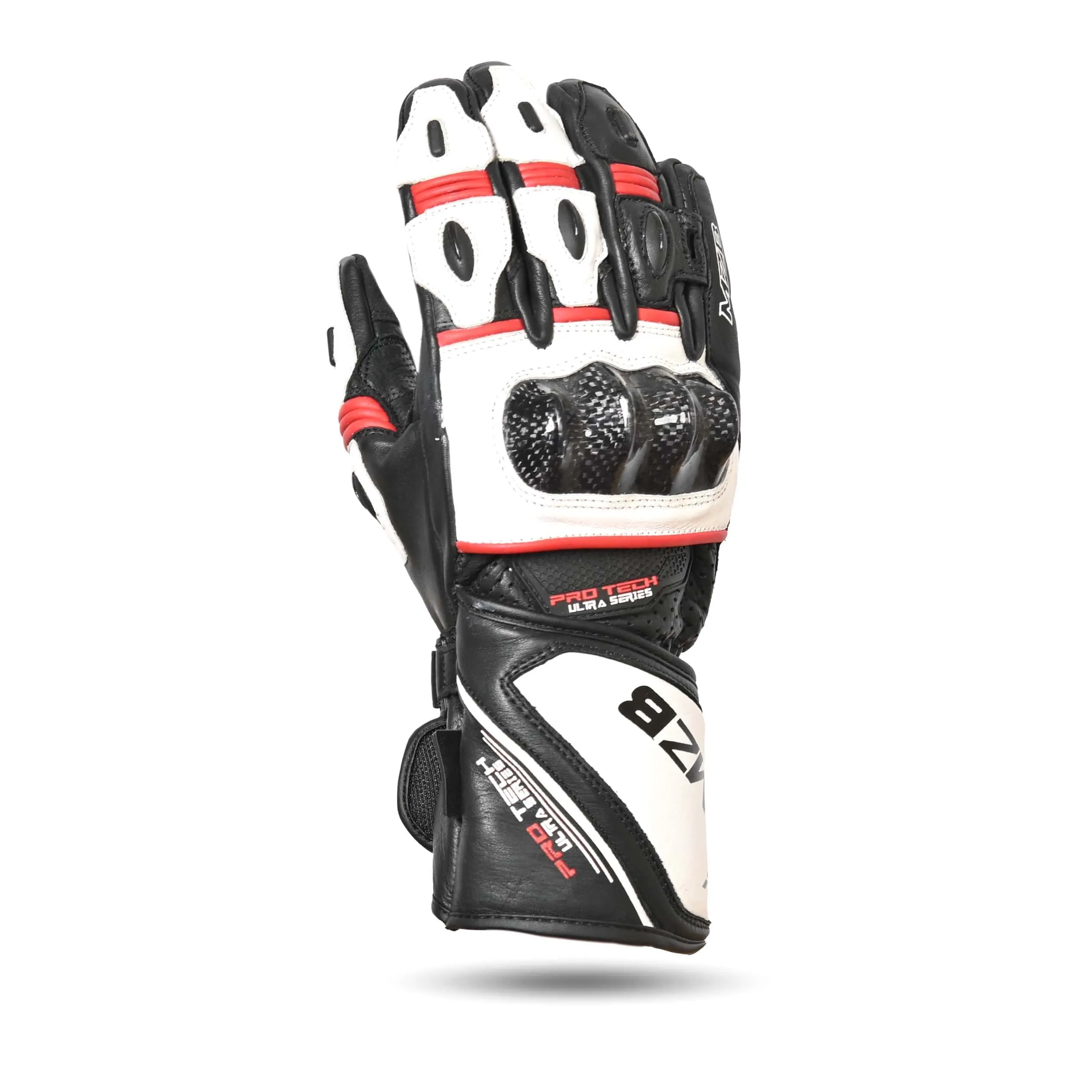 MZB RaceTech Long Motorcycle Race Cowhide Leather Gloves with Aramid Protection - Black/White/Red