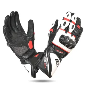 MZB RaceTech Long Motorcycle Race Cowhide Leather Gloves with Aramid Protection - Black/White/Red