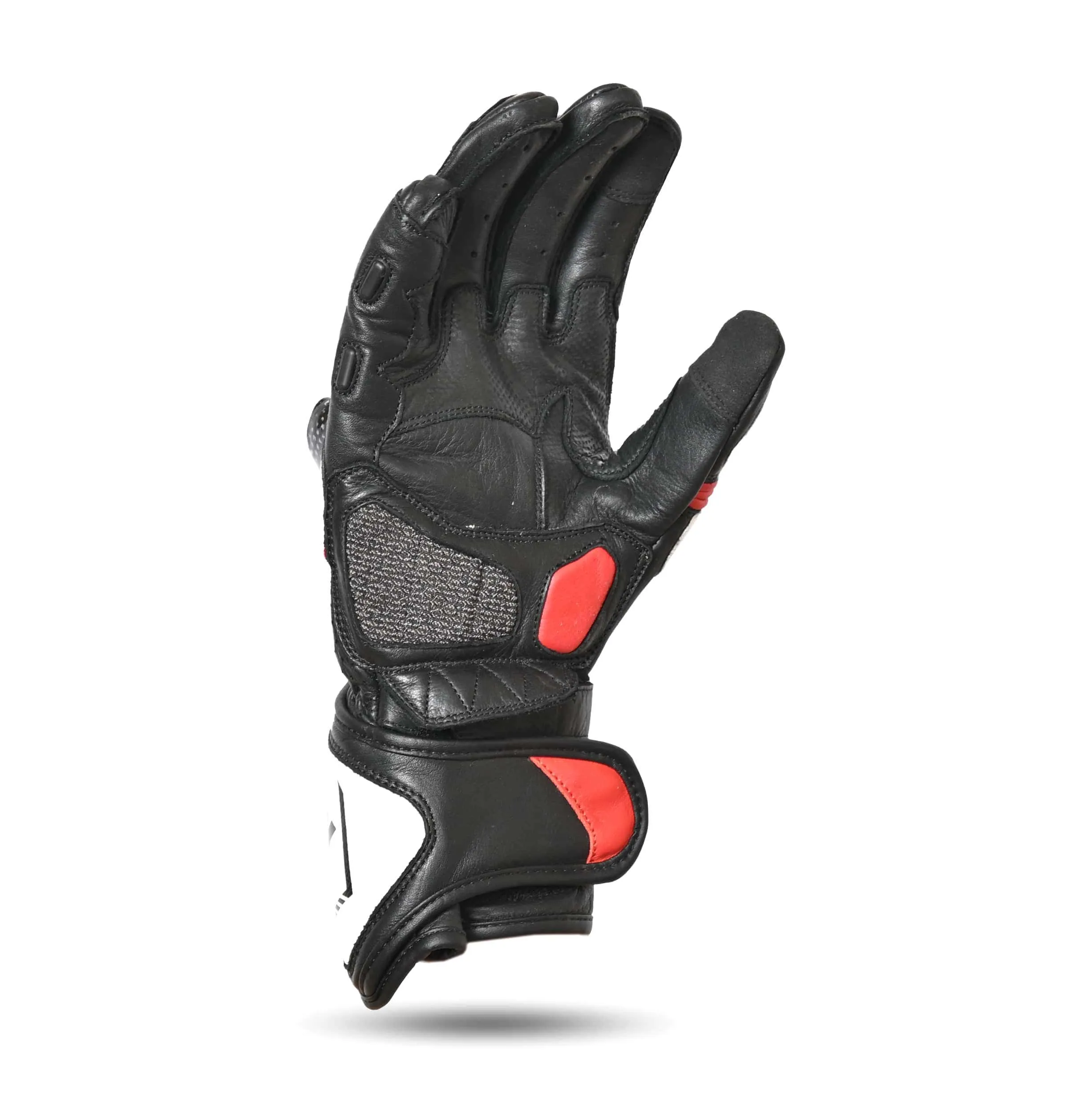 MZB RaceTech Long Motorcycle Race Cowhide Leather Gloves with Aramid Protection - Black/White/Red