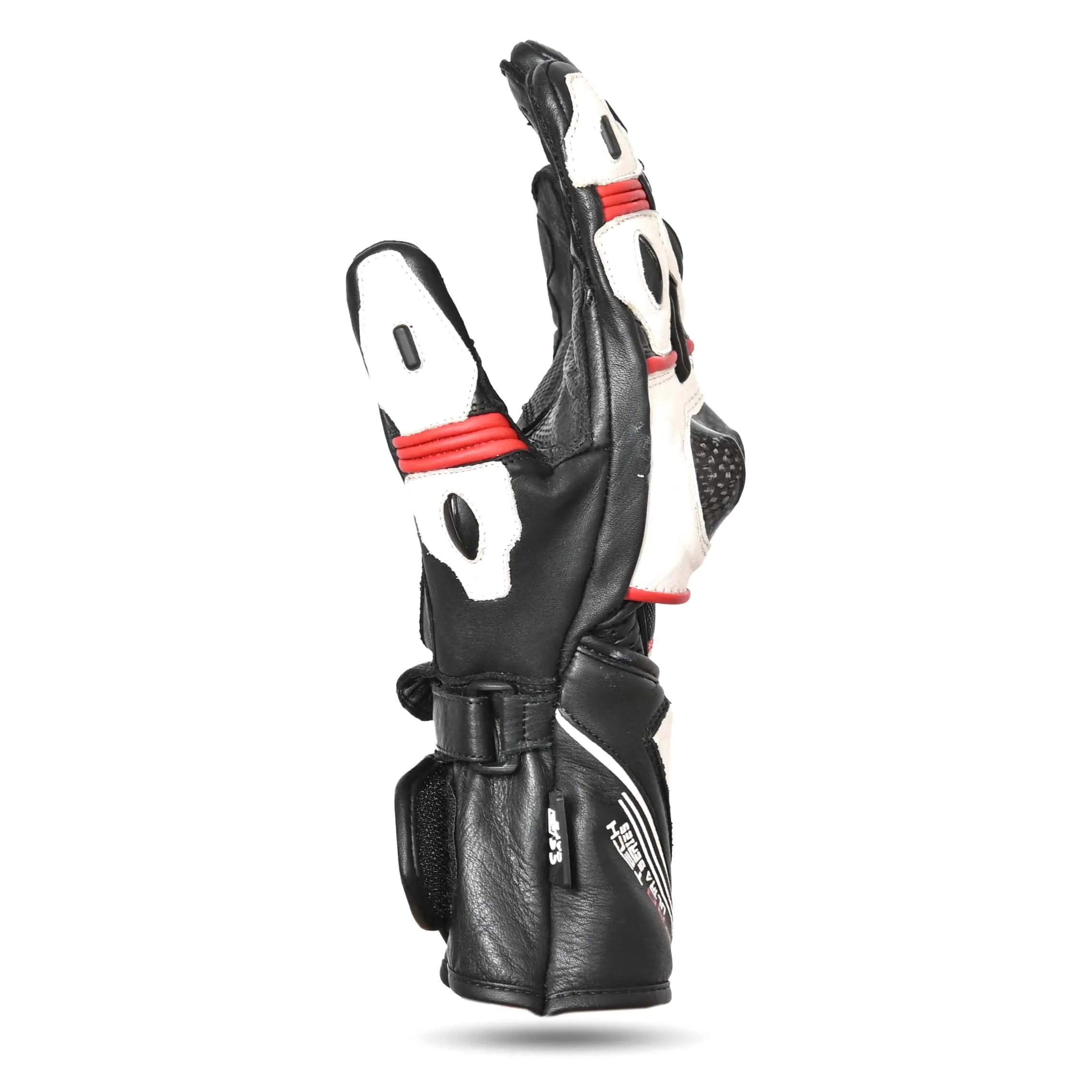 MZB RaceTech Long Motorcycle Race Cowhide Leather Gloves with Aramid Protection - Black/White/Red