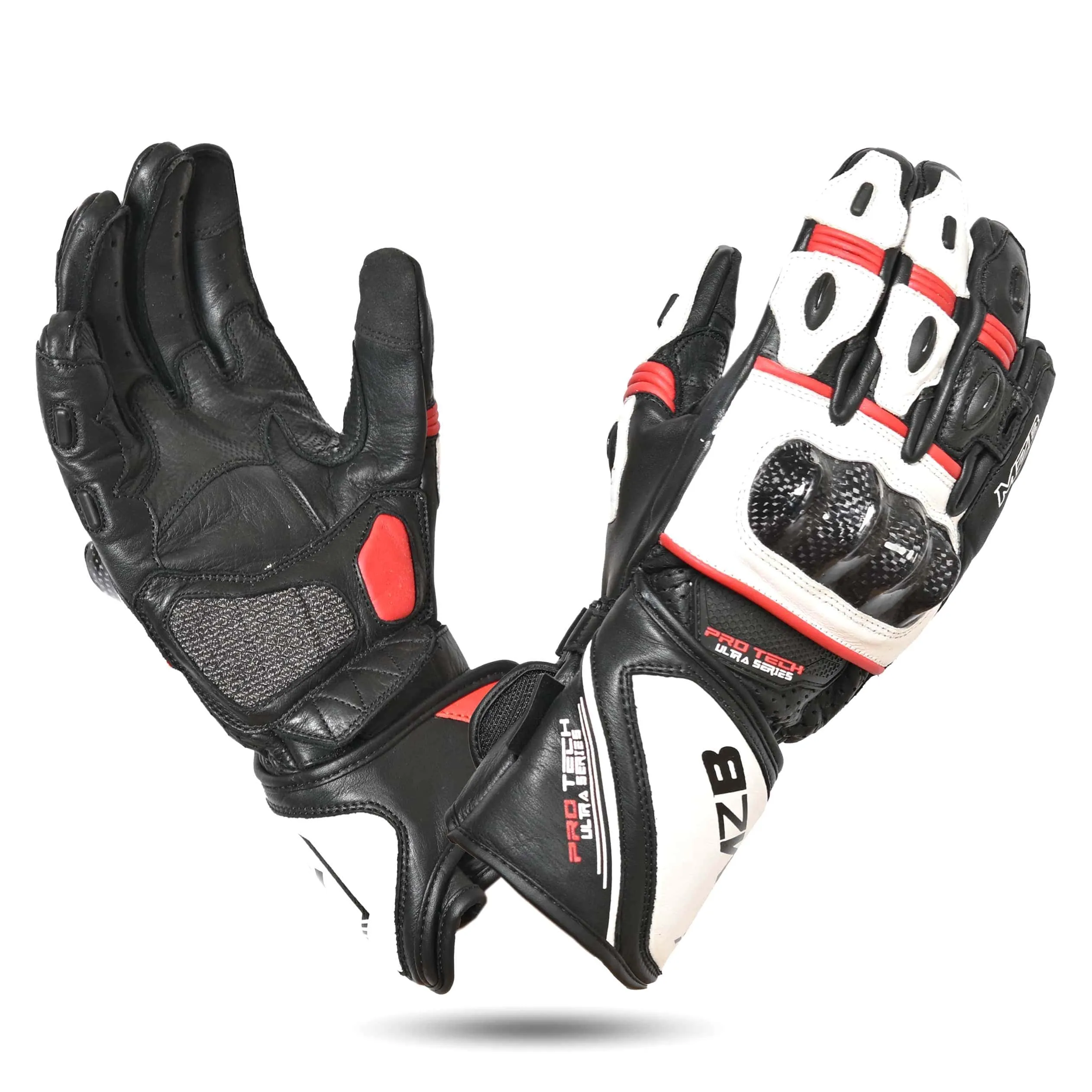MZB RaceTech Long Motorcycle Race Cowhide Leather Gloves with Aramid Protection - Black/White/Red