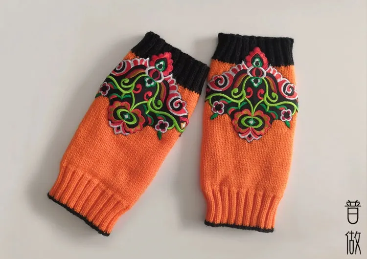 New Chinese Style Ethnic Embroidered Gloves, Woolen Half-Finger Gloves for Women, Winter Warmth, Touchscreen-Compatible, Vintage Wrist and Hand Guard, Embroidery