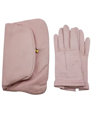 Pink Leather Clutch with Matching Kid Gloves