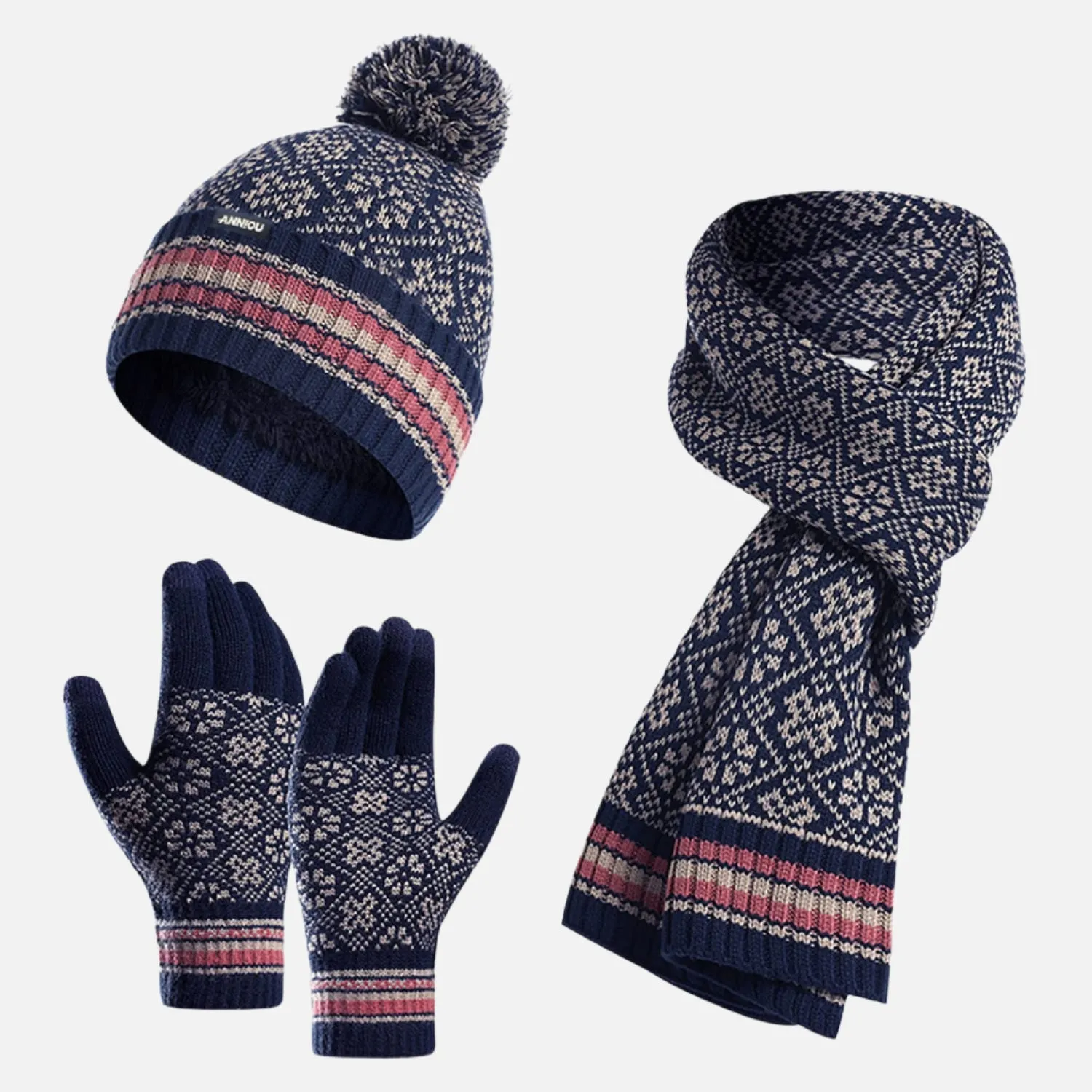 Sidiou Group Winter Women Soft Warm Lining Knitted Beanie Hat Long Scarf Touch Screen Gloves 3 Pcs Set for Outdoor