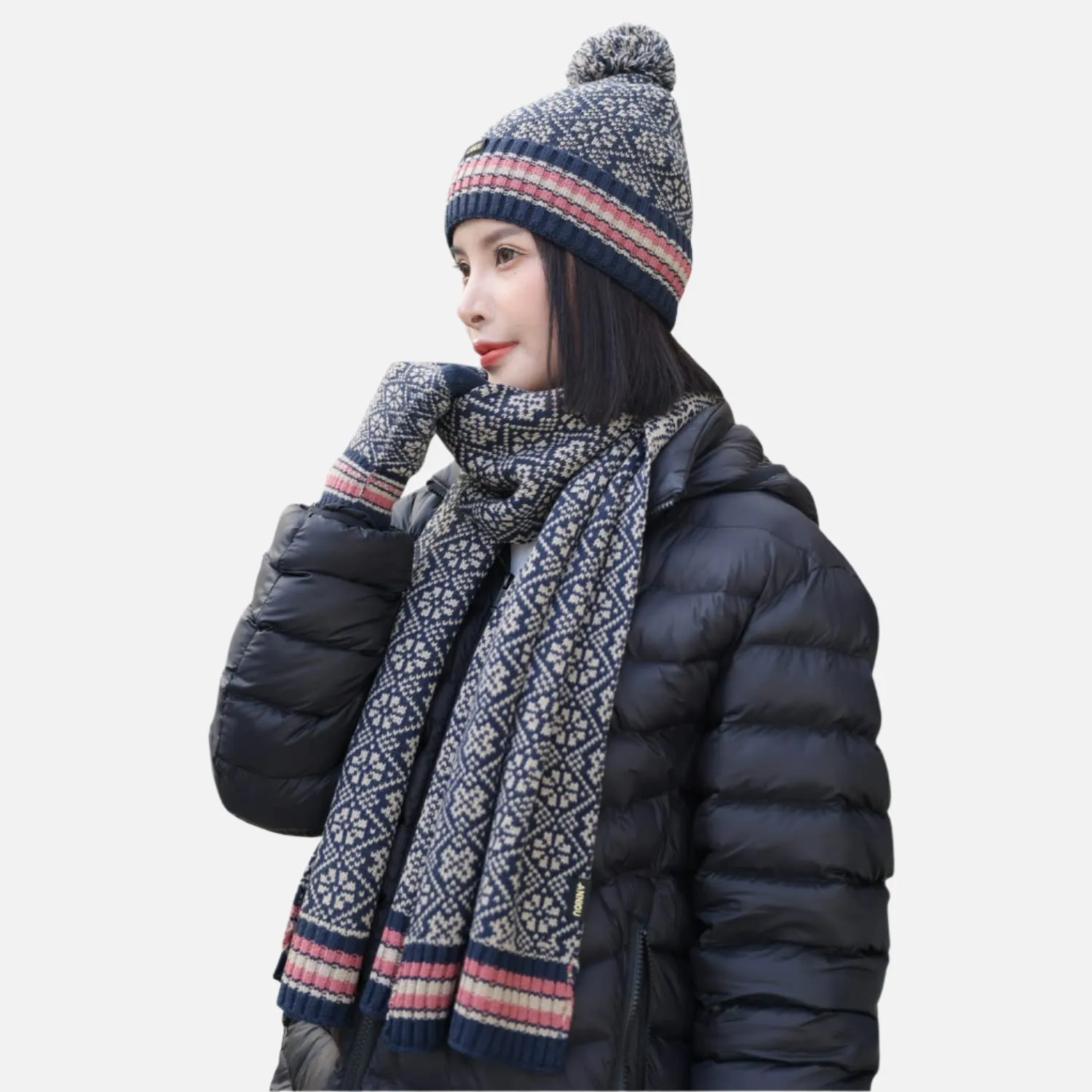 Sidiou Group Winter Women Soft Warm Lining Knitted Beanie Hat Long Scarf Touch Screen Gloves 3 Pcs Set for Outdoor