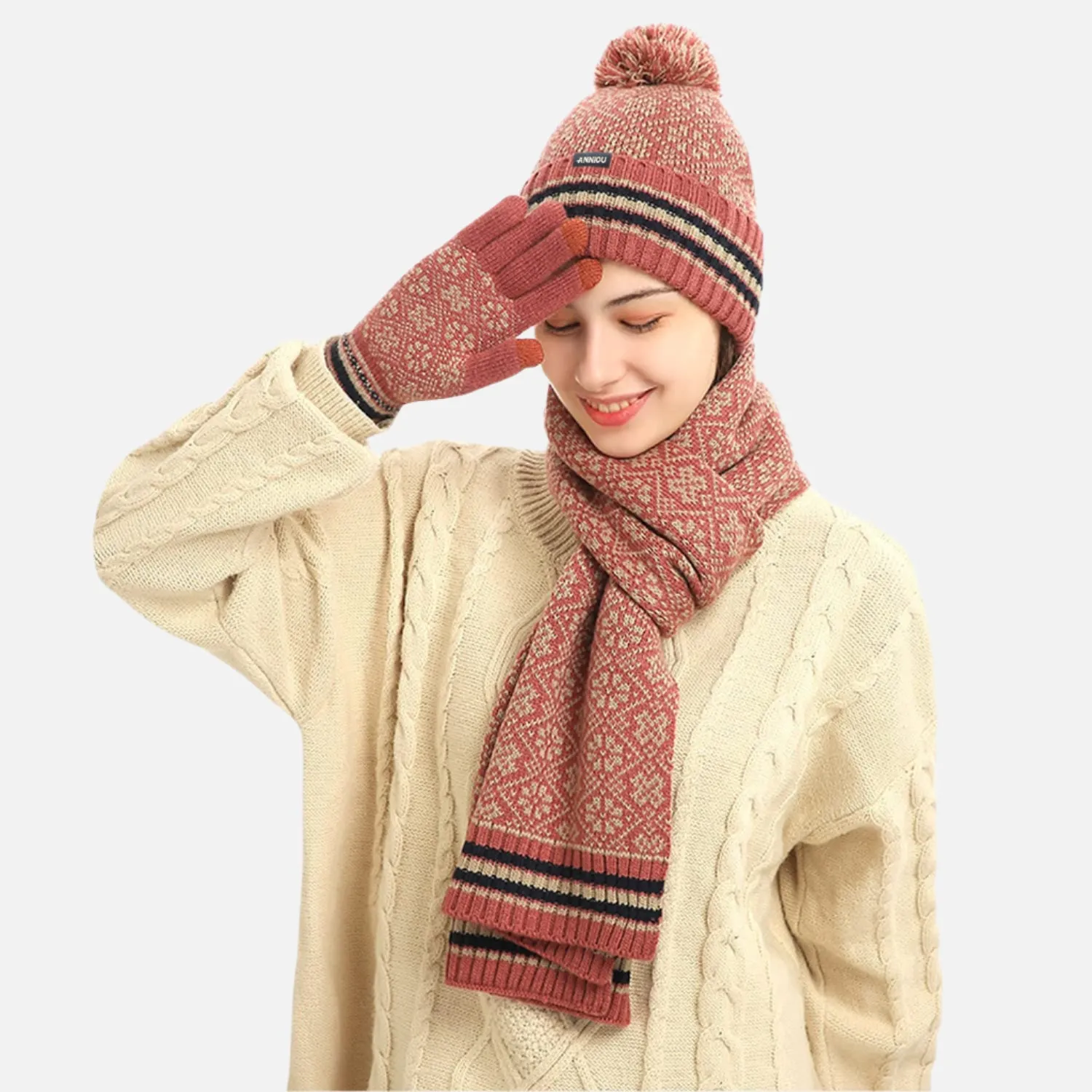 Sidiou Group Winter Women Soft Warm Lining Knitted Beanie Hat Long Scarf Touch Screen Gloves 3 Pcs Set for Outdoor