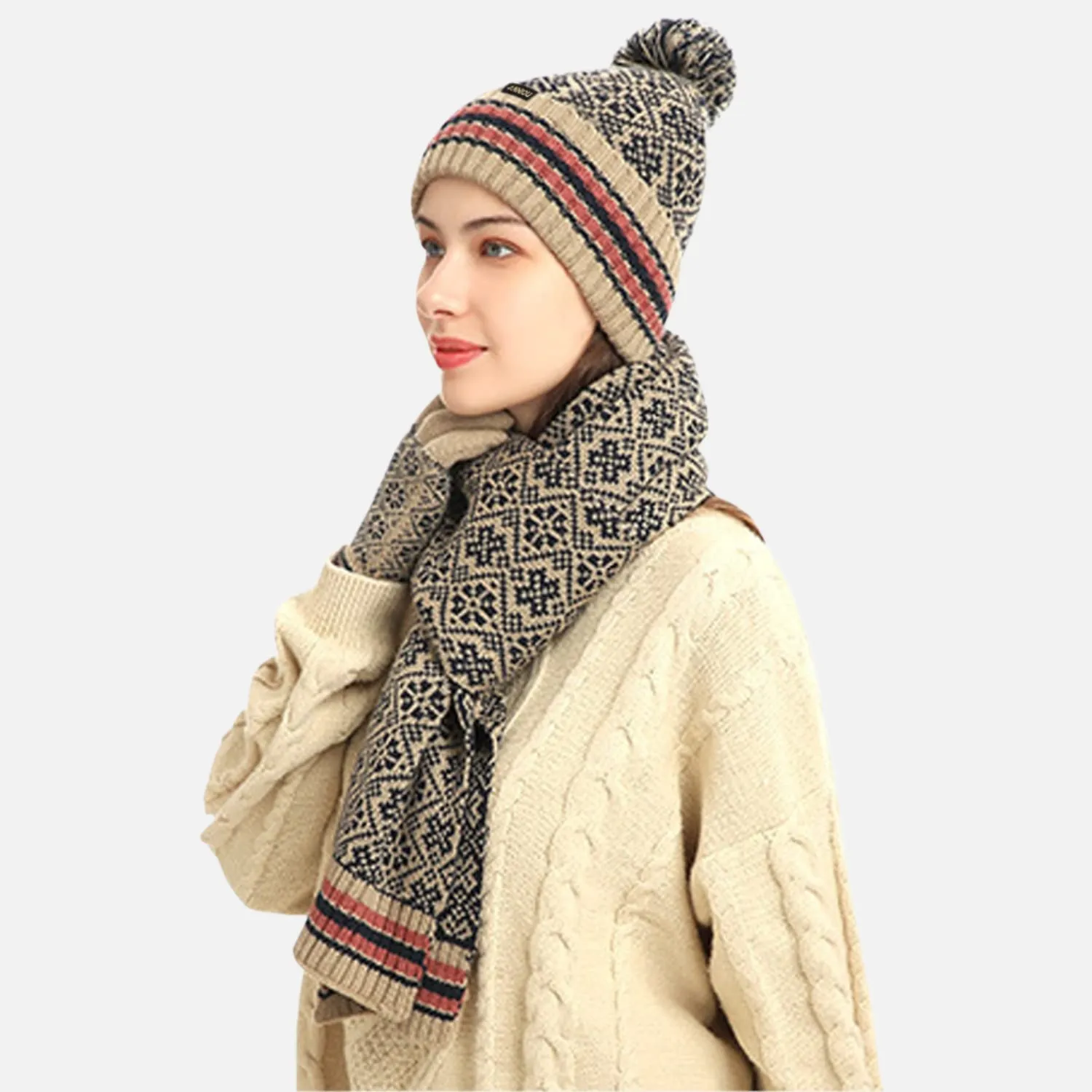Sidiou Group Winter Women Soft Warm Lining Knitted Beanie Hat Long Scarf Touch Screen Gloves 3 Pcs Set for Outdoor