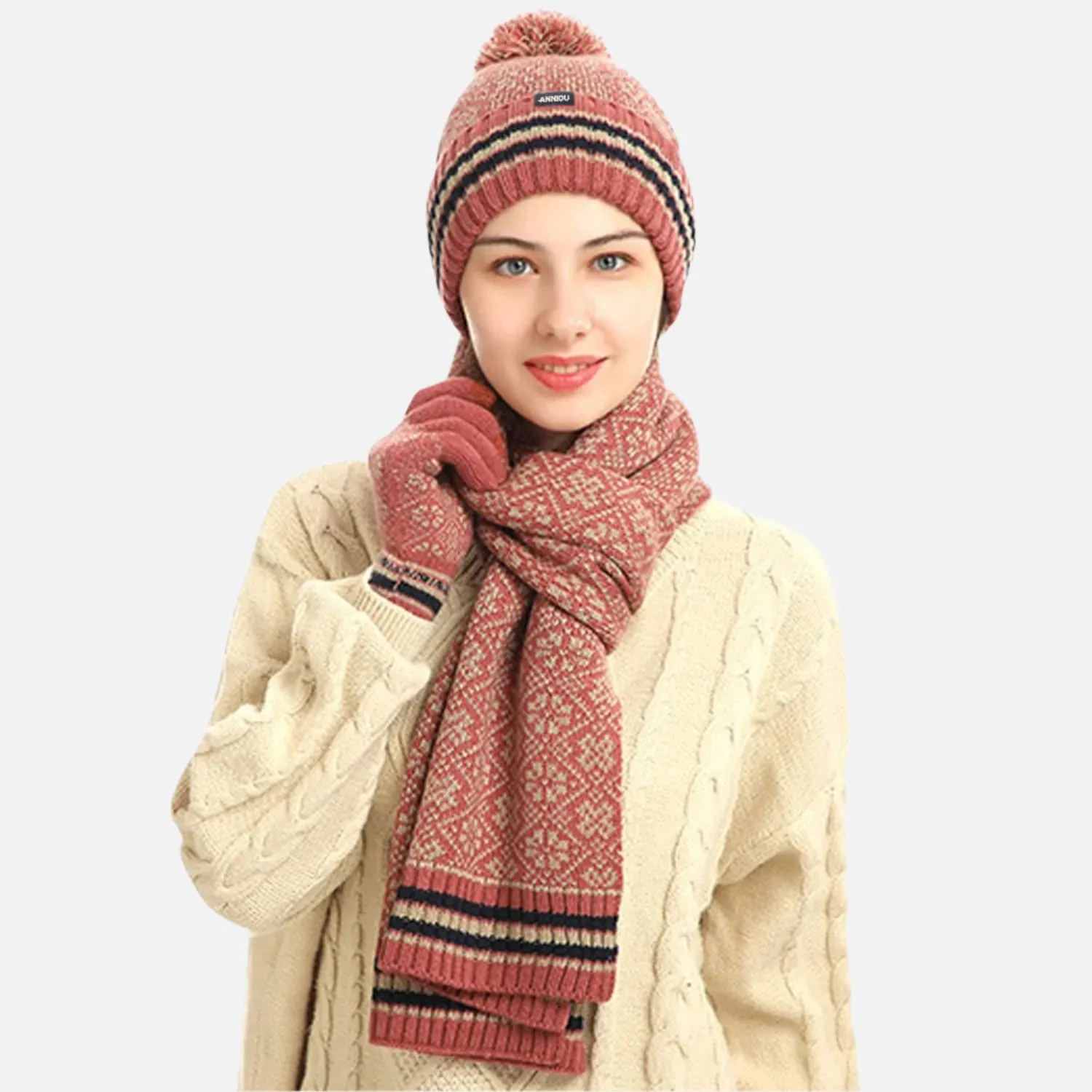 Sidiou Group Winter Women Soft Warm Lining Knitted Beanie Hat Long Scarf Touch Screen Gloves 3 Pcs Set for Outdoor
