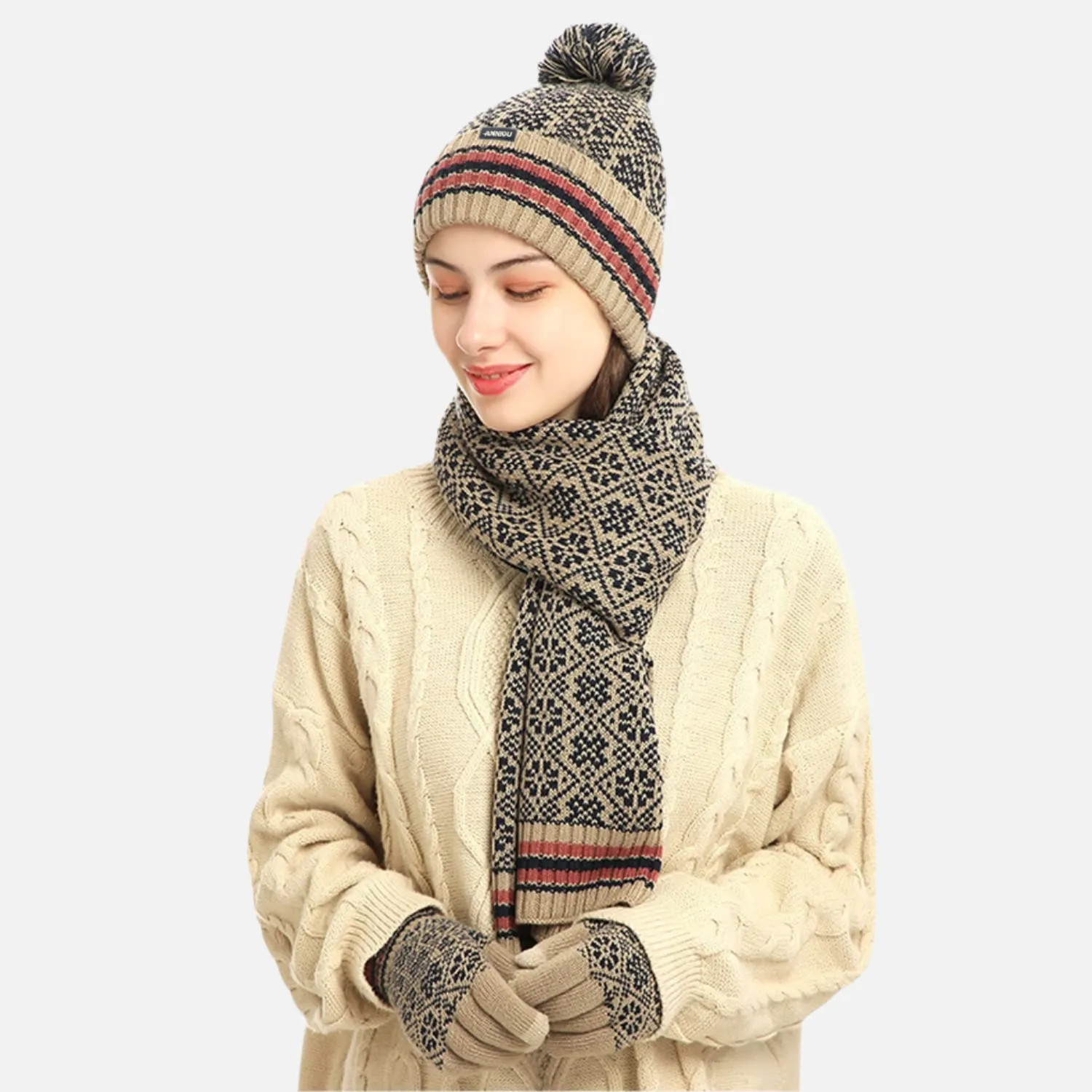 Sidiou Group Winter Women Soft Warm Lining Knitted Beanie Hat Long Scarf Touch Screen Gloves 3 Pcs Set for Outdoor
