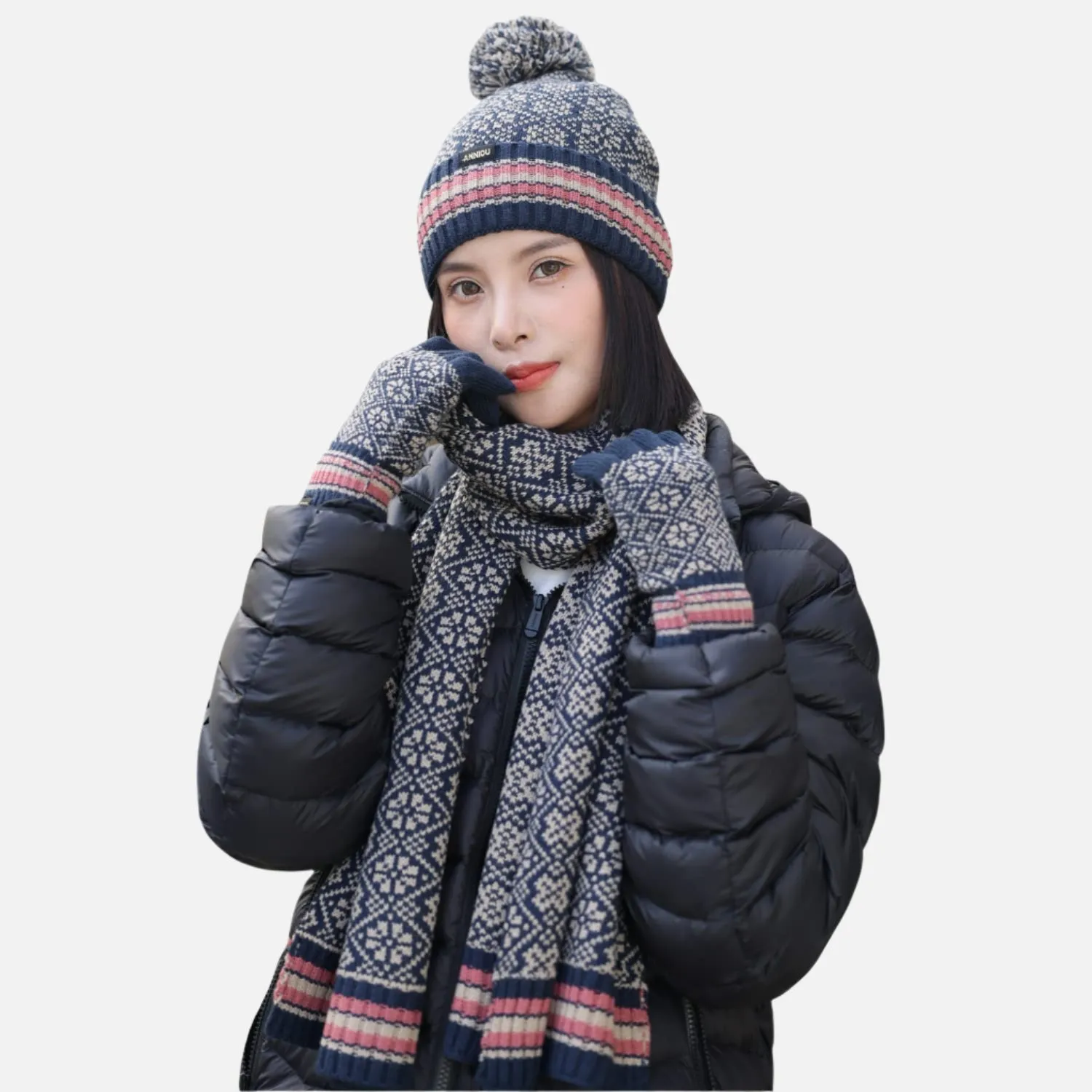 Sidiou Group Winter Women Soft Warm Lining Knitted Beanie Hat Long Scarf Touch Screen Gloves 3 Pcs Set for Outdoor