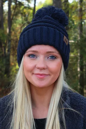 Snowball Fight Pom Pom Beanie, Navy