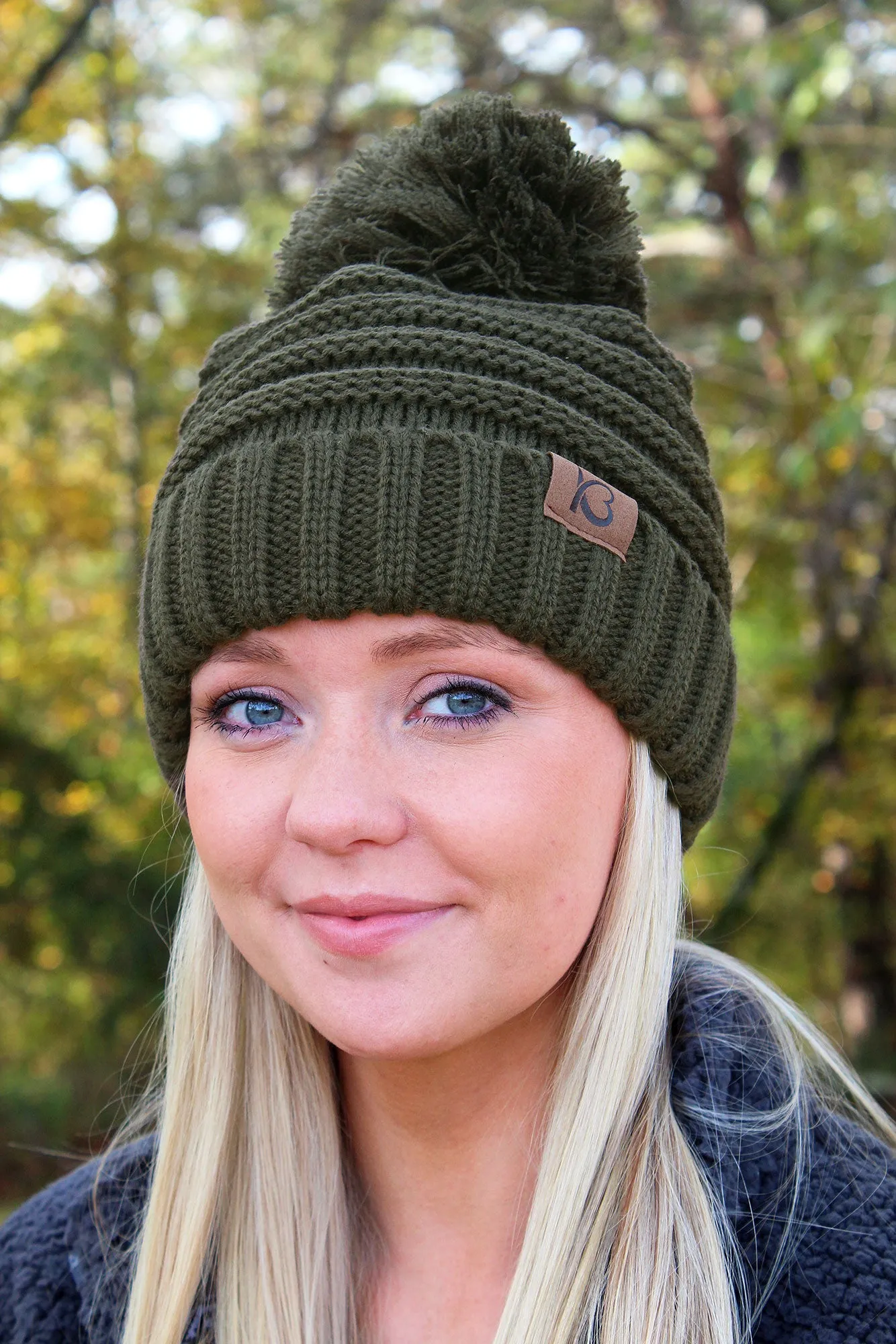 Snowball Fight Pom Pom Beanie, Olive