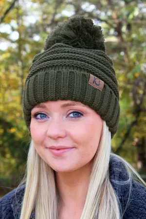 Snowball Fight Pom Pom Beanie, Olive