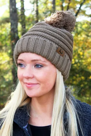 Snowball Fight Pom Pom Beanie, Taupe
