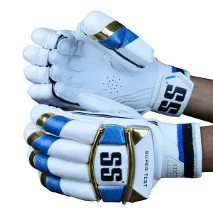 SS Super Test White Blue Gold Cricket Batting Gloves Mens Size