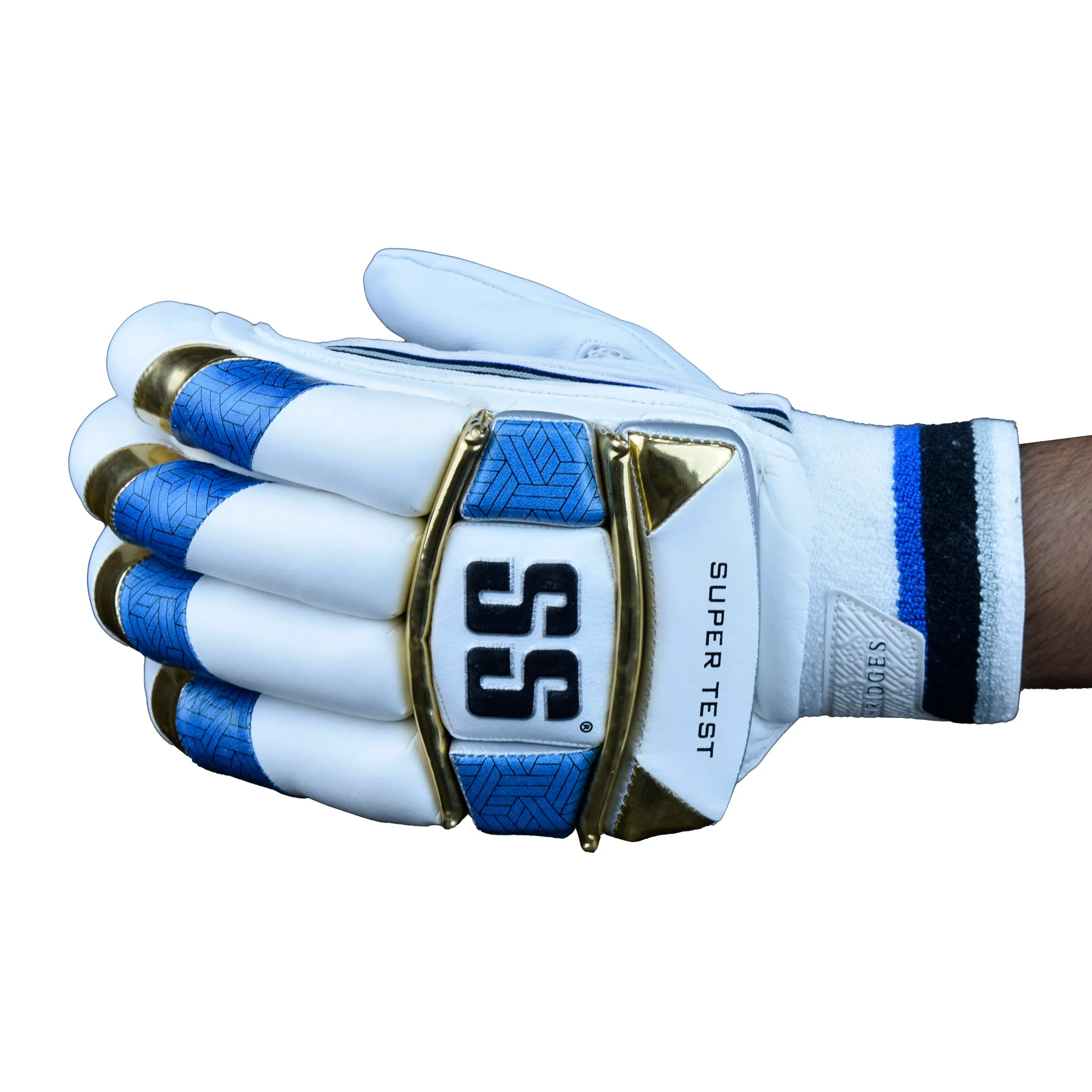 SS Super Test White Blue Gold Cricket Batting Gloves Mens Size