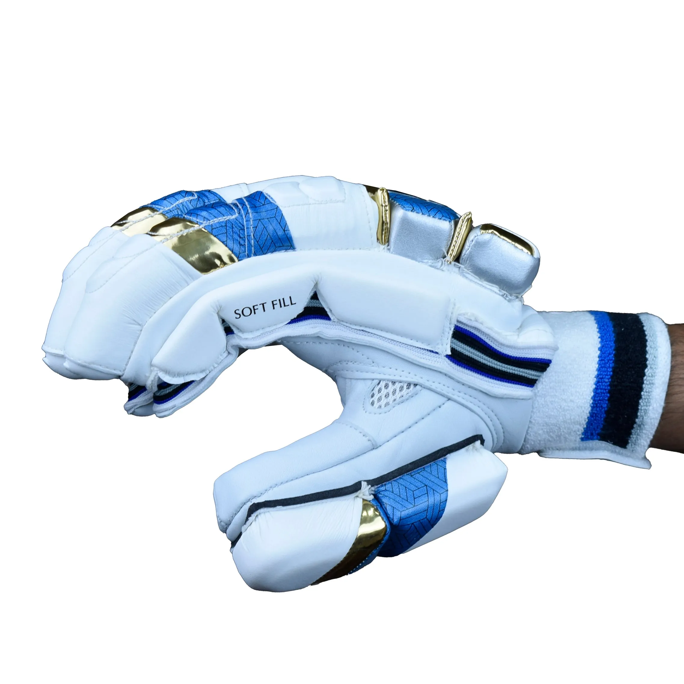 SS Super Test White Blue Gold Cricket Batting Gloves Mens Size