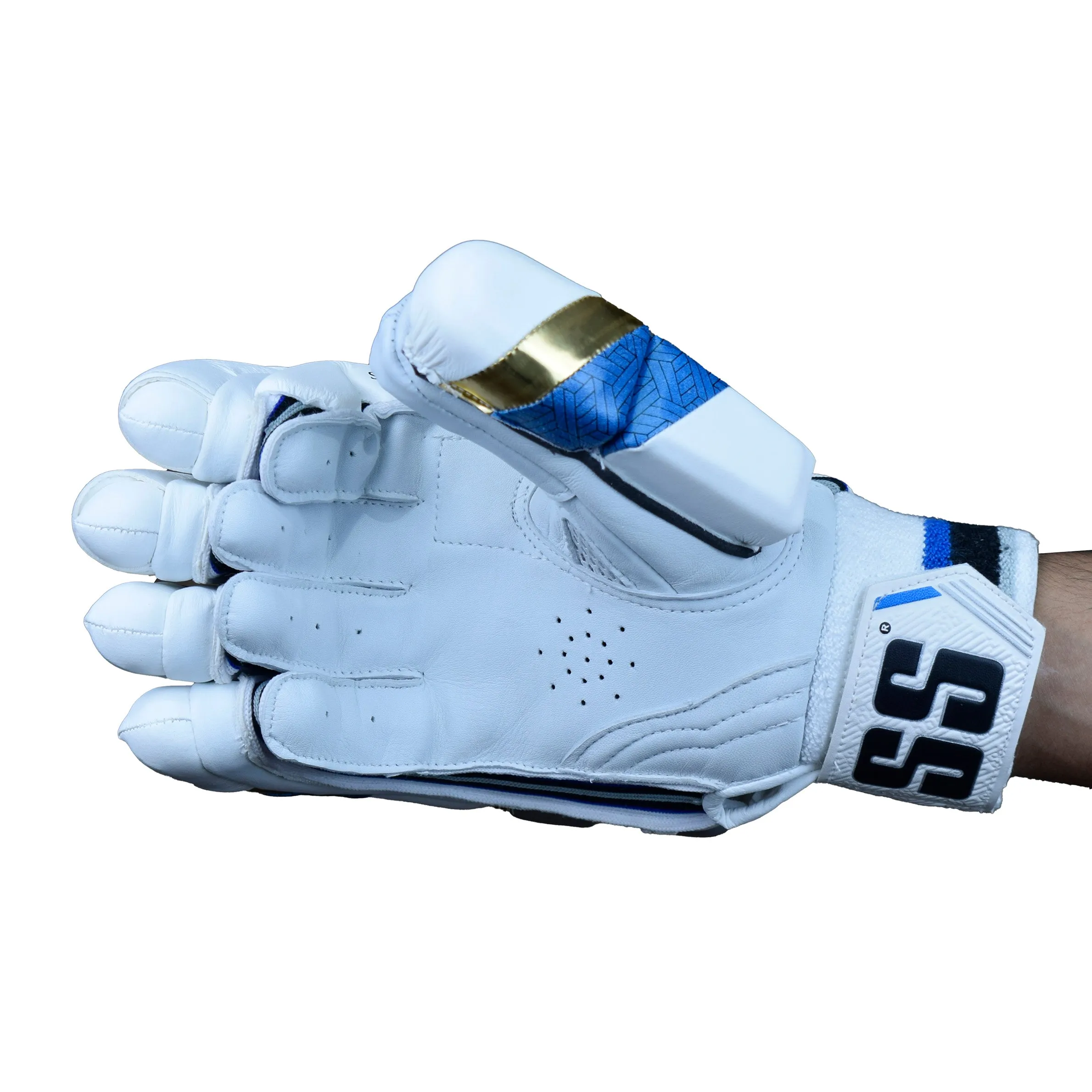 SS Super Test White Blue Gold Cricket Batting Gloves Mens Size