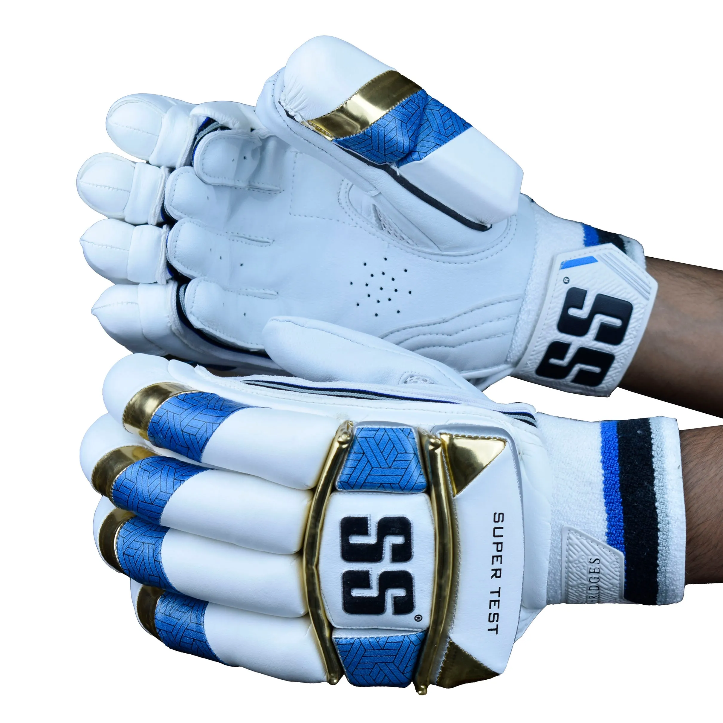 SS Super Test White Blue Gold Cricket Batting Gloves Mens Size