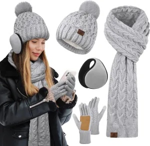 URATOT 4-in-1 Women Winter Set: Beanie, Gloves, Scarf, Ear Warmer