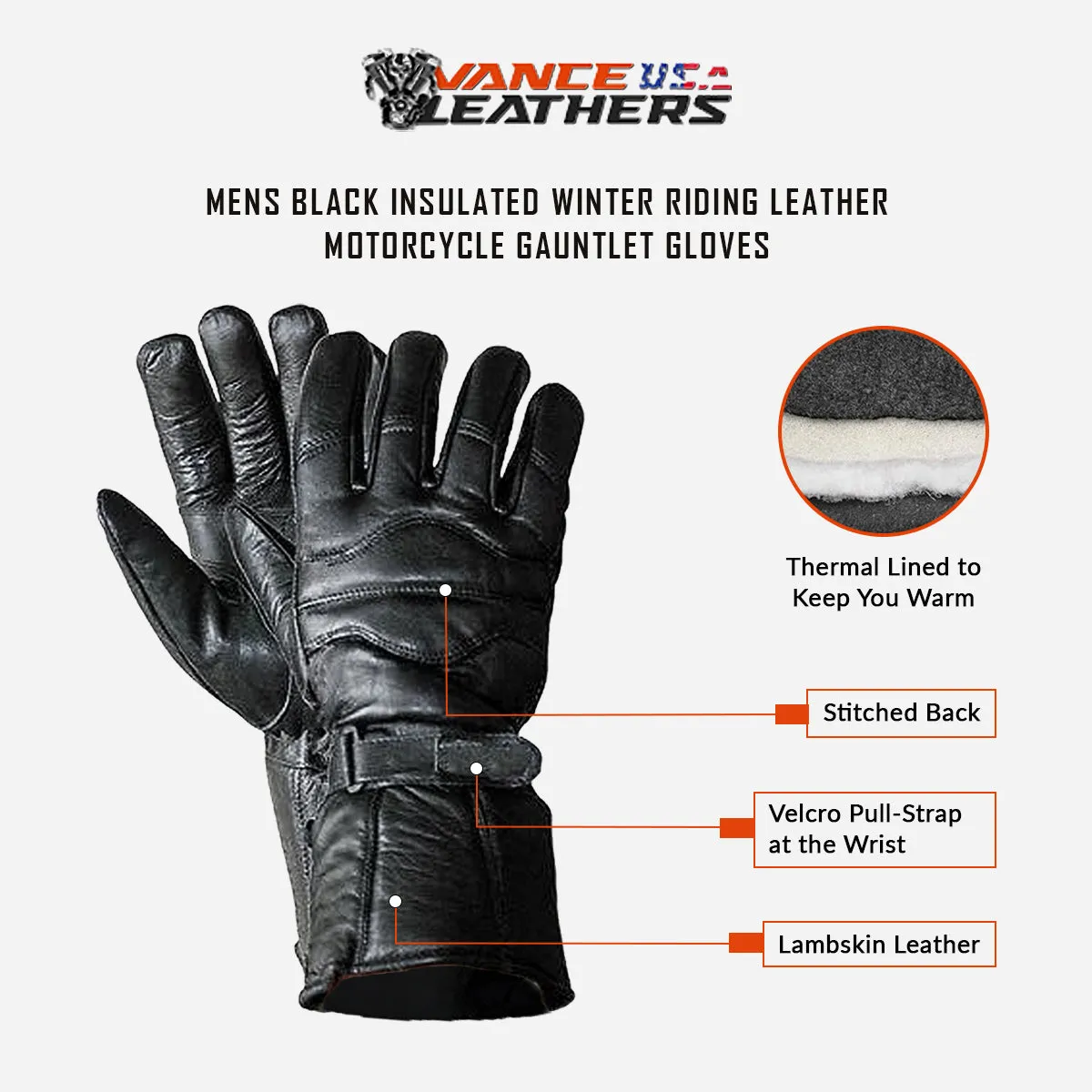 VL400 Vance Leather Insulated Lambskin Winter Gauntlet Gloves