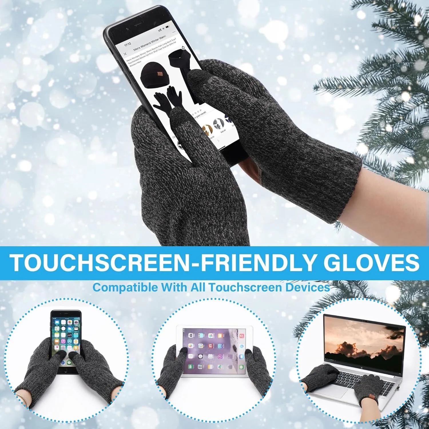 Warm & Stylish Winter Knit Set – Beanie, Long Scarf, and Touchscreen Gloves with Fleece Lining