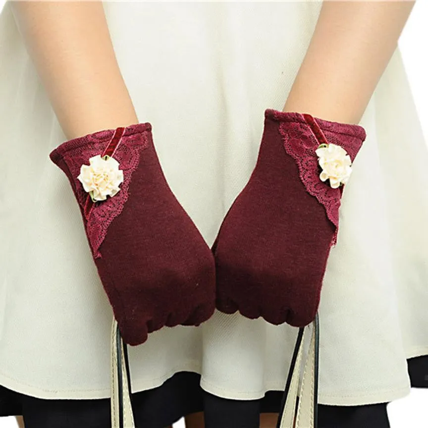 Womens Lace Gloves Winter Warm Wrist Gloves Ladies Touch Screen Mittens Cotton Leather Gloves For Women eldiven YL15