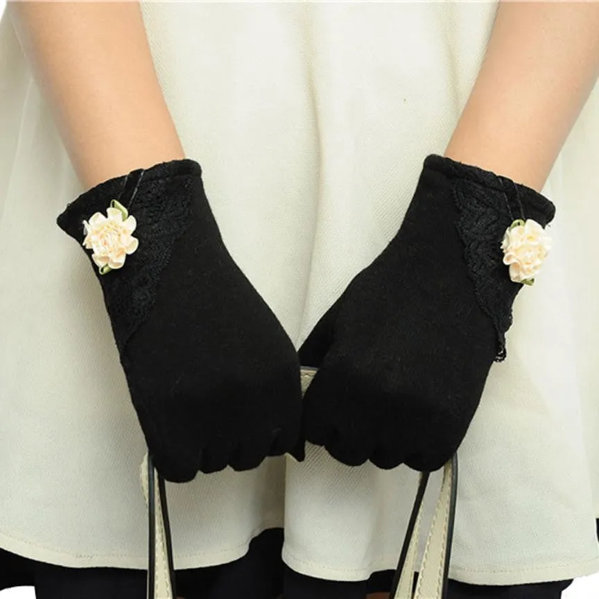 Womens Lace Gloves Winter Warm Wrist Gloves Ladies Touch Screen Mittens Cotton Leather Gloves For Women eldiven YL15