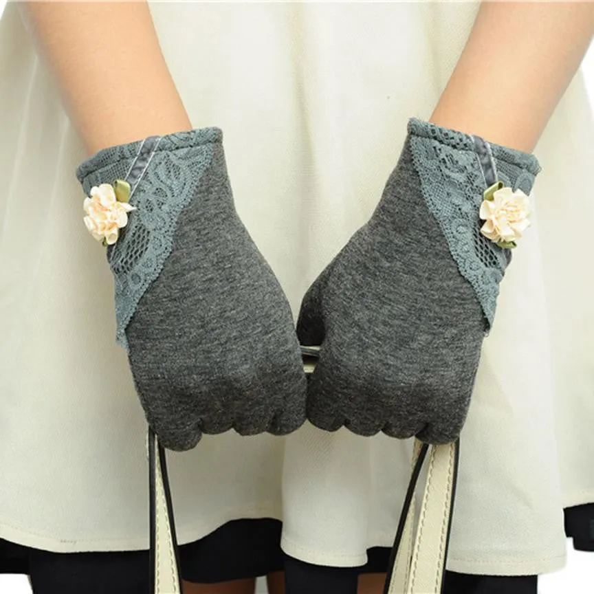 Womens Lace Gloves Winter Warm Wrist Gloves Ladies Touch Screen Mittens Cotton Leather Gloves For Women eldiven YL15
