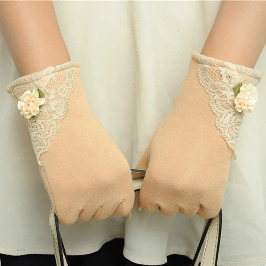 Womens Lace Gloves Winter Warm Wrist Gloves Ladies Touch Screen Mittens Cotton Leather Gloves For Women eldiven YL15