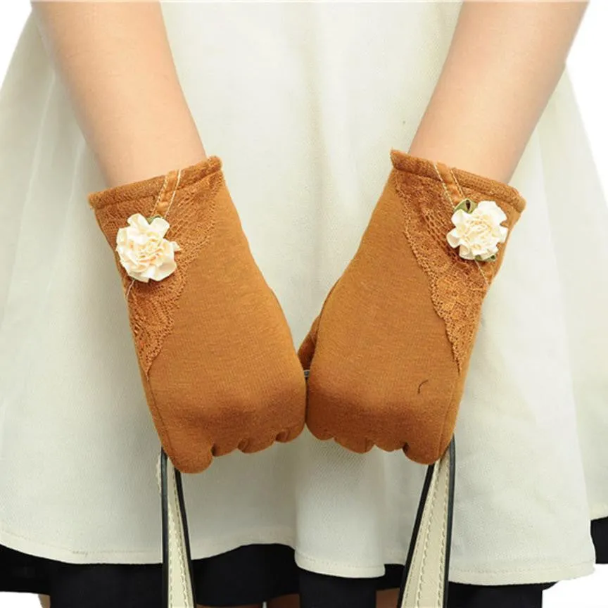 Womens Lace Gloves Winter Warm Wrist Gloves Ladies Touch Screen Mittens Cotton Leather Gloves For Women eldiven YL15