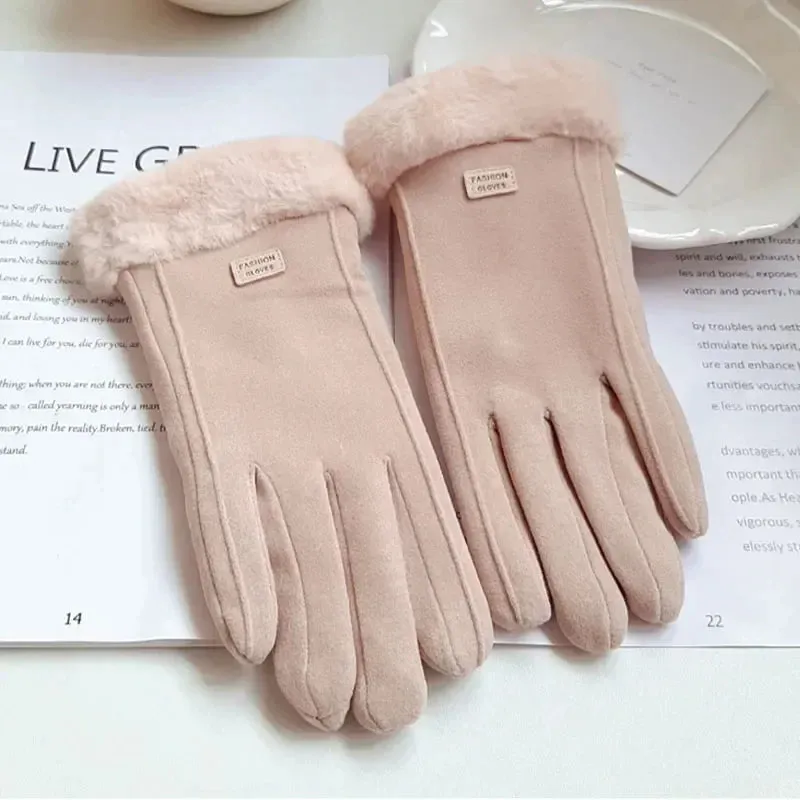 Womens Winter Plush Gloves Warm Suede Outdoor Guantes for Touchscreen Driving Sports and Cycling