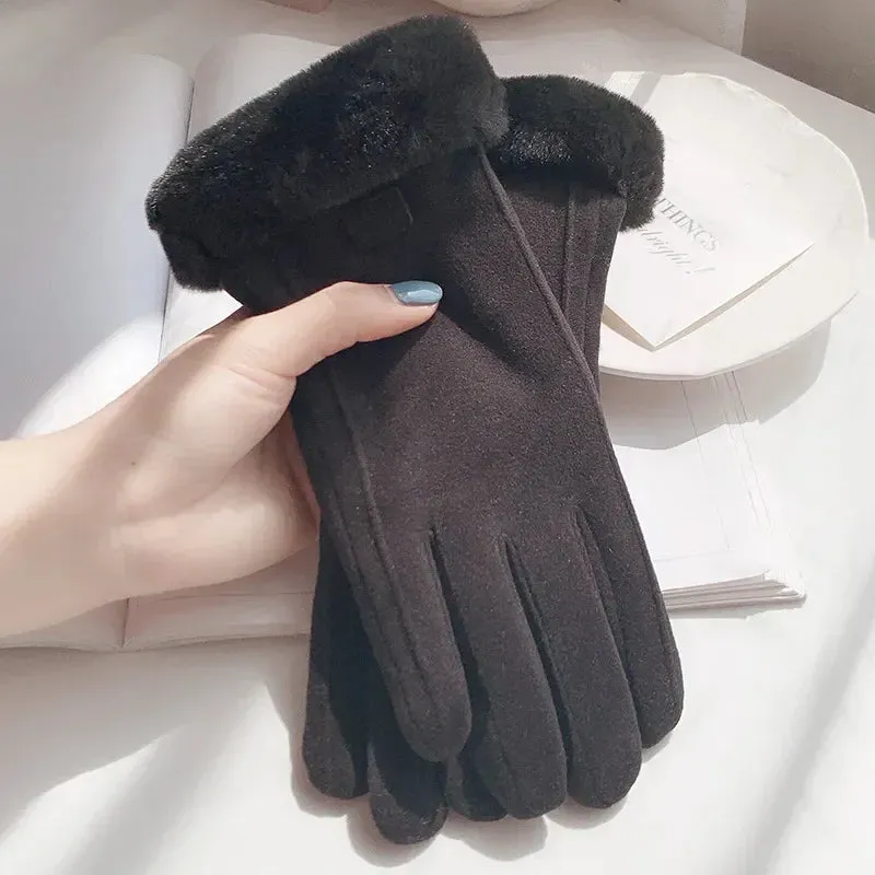 Womens Winter Plush Gloves Warm Suede Outdoor Guantes for Touchscreen Driving Sports and Cycling