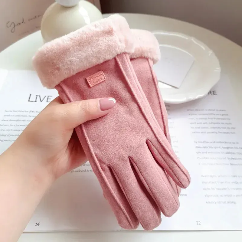 Womens Winter Plush Gloves Warm Suede Outdoor Guantes for Touchscreen Driving Sports and Cycling