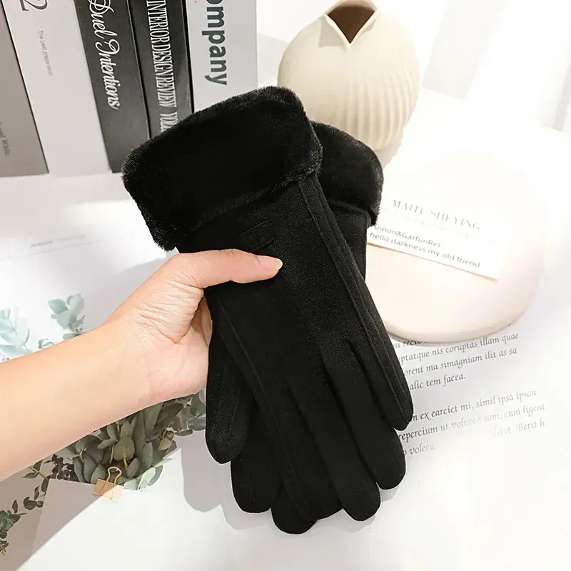Womens Winter Plush Gloves Warm Suede Outdoor Guantes for Touchscreen Driving Sports and Cycling