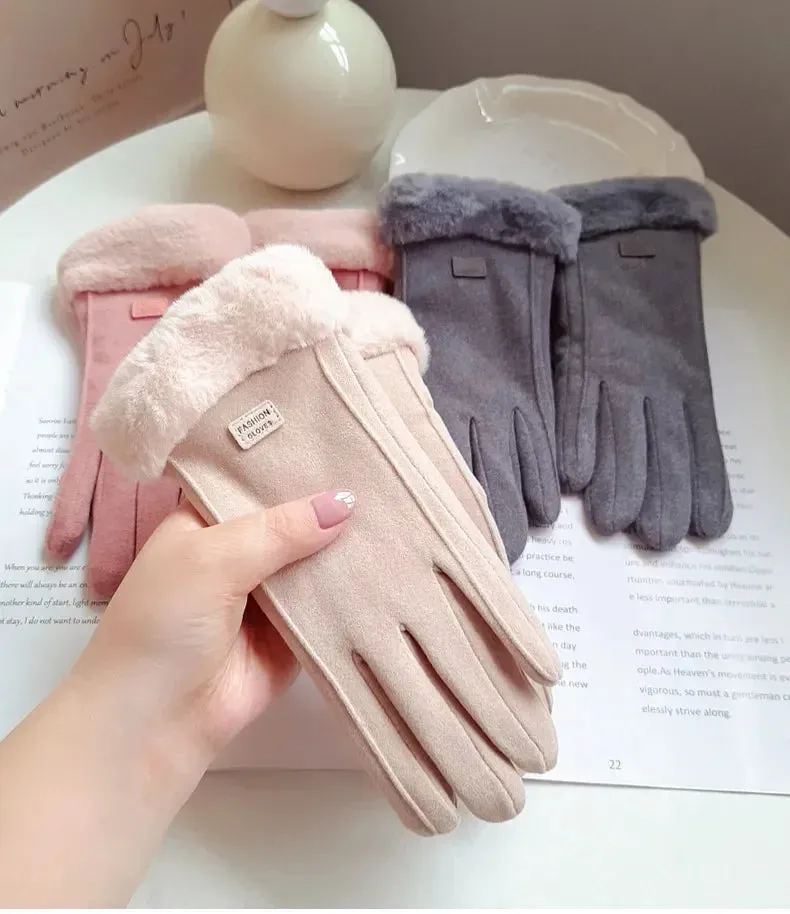 Womens Winter Plush Gloves Warm Suede Outdoor Guantes for Touchscreen Driving Sports and Cycling