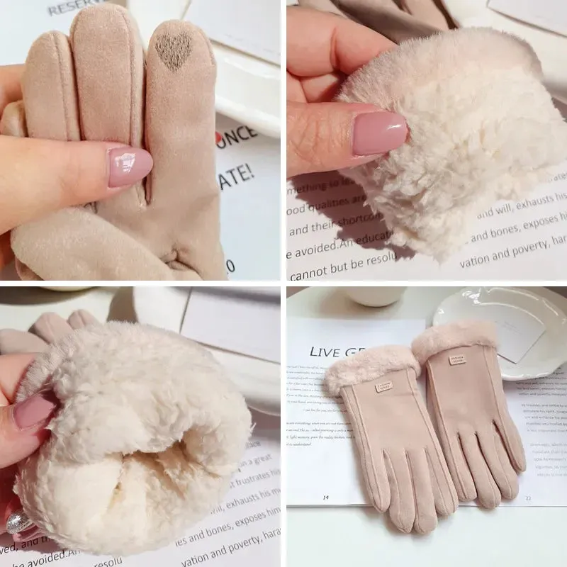 Womens Winter Plush Gloves Warm Suede Outdoor Guantes for Touchscreen Driving Sports and Cycling