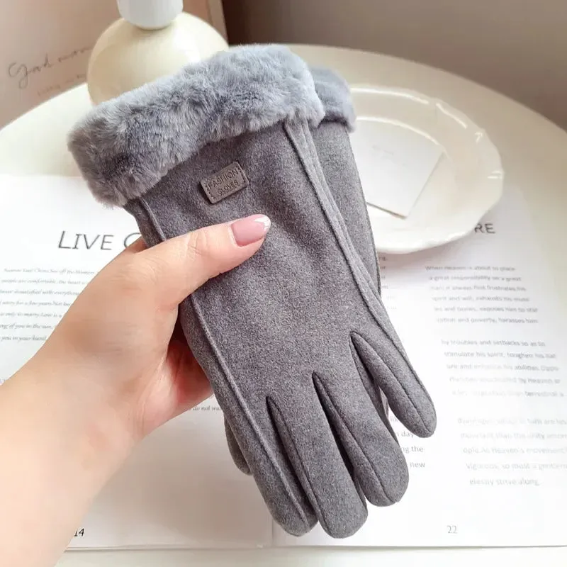 Womens Winter Plush Gloves Warm Suede Outdoor Guantes for Touchscreen Driving Sports and Cycling