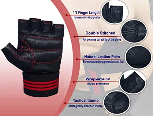 X TRIM Macho Unisex Professional Weightlifting Gym Gloves with Wrist Wrap for Palm and Wrist Protection (Leather Grip, Black & Red)