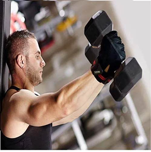 X TRIM Macho Unisex Professional Weightlifting Gym Gloves with Wrist Wrap for Palm and Wrist Protection (Leather Grip, Black & Red)